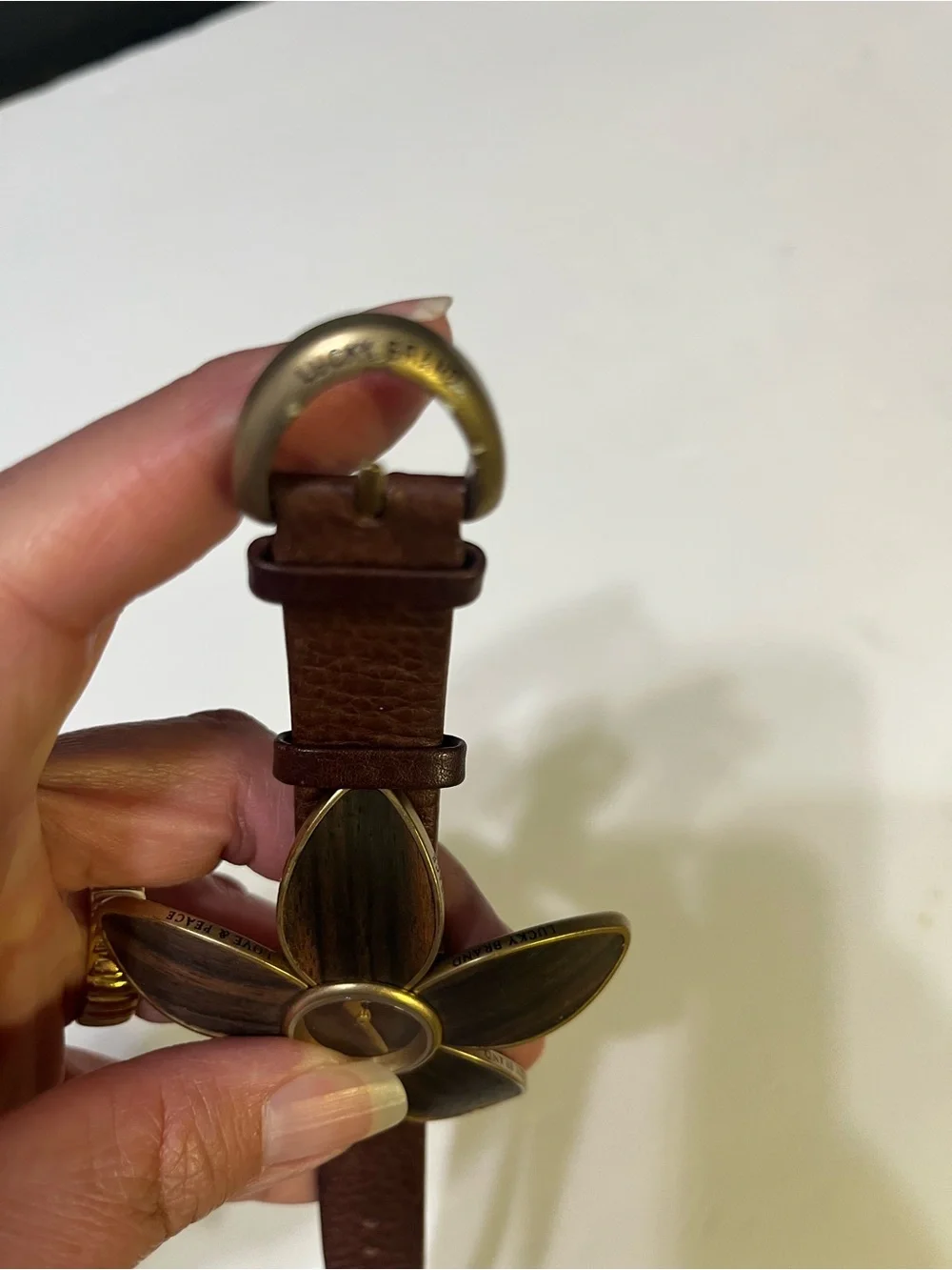 Vintage y2k era cuffLucky Brand Brown Floral Leather Strap Watch with Petal Dial